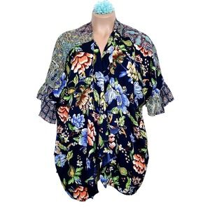 Umgee+ Women Kimono Cardigan 1X Blue Floral Boho Open Front Mixed Print Ruffle